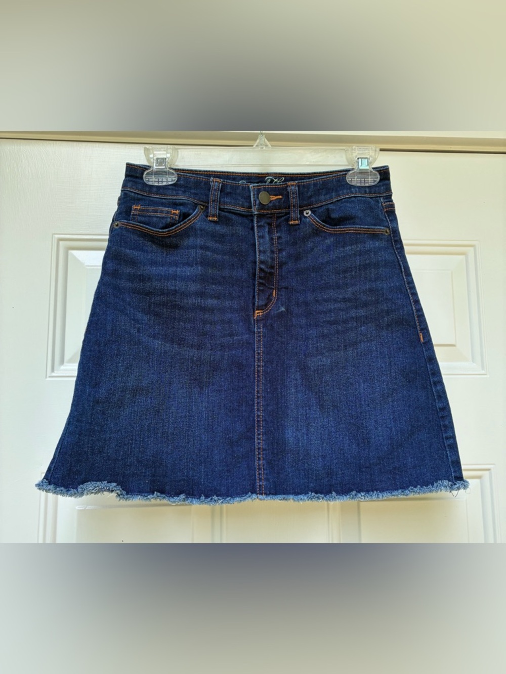 Denim Skirt Womens 0/25 Blue Classic 5 Pocket Cut Off A-Line Y2K Frayed Hem Jean